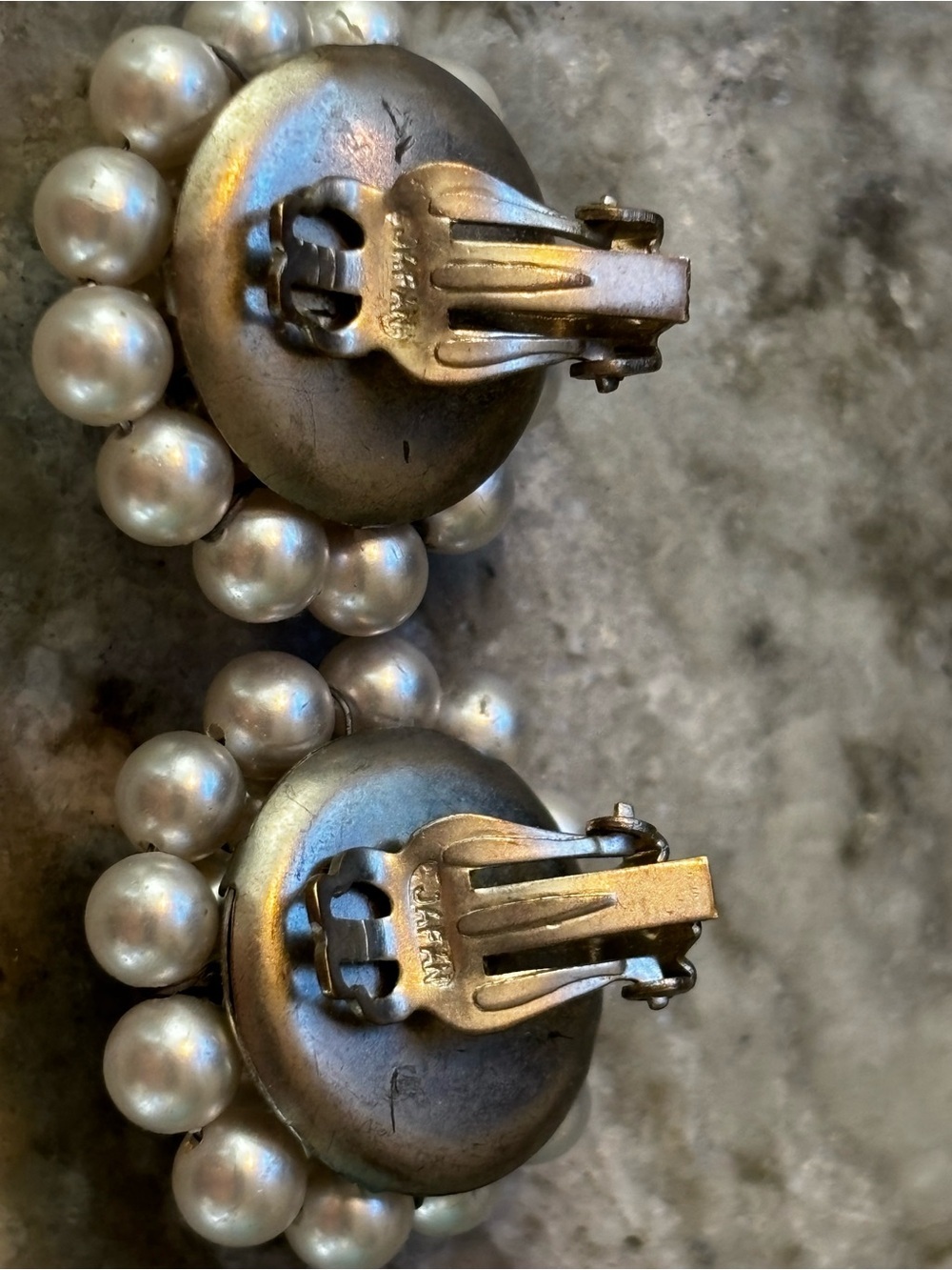 Vintage Japan Faux Pearl Cluster Clip On Earrings | Mid Century Round Cluster - Picture 2 of 3
